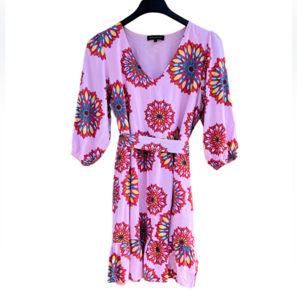 GibsonLook Mandala Pink Floral Mini Dress 1/2 Sleeves Removable Belt Size Large